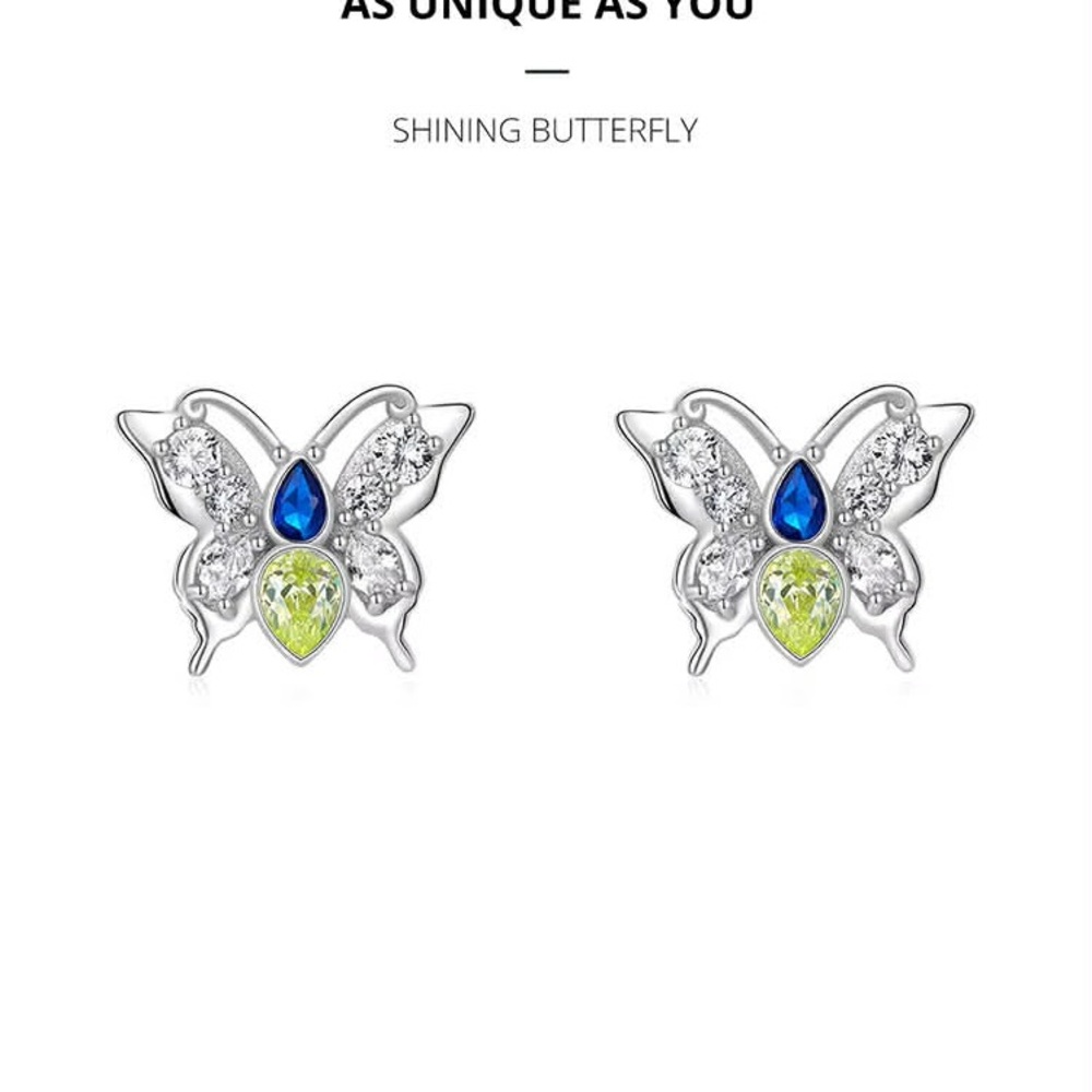 Elegant 925 Sterling Silver and Blue Butterfly Floral Earrings